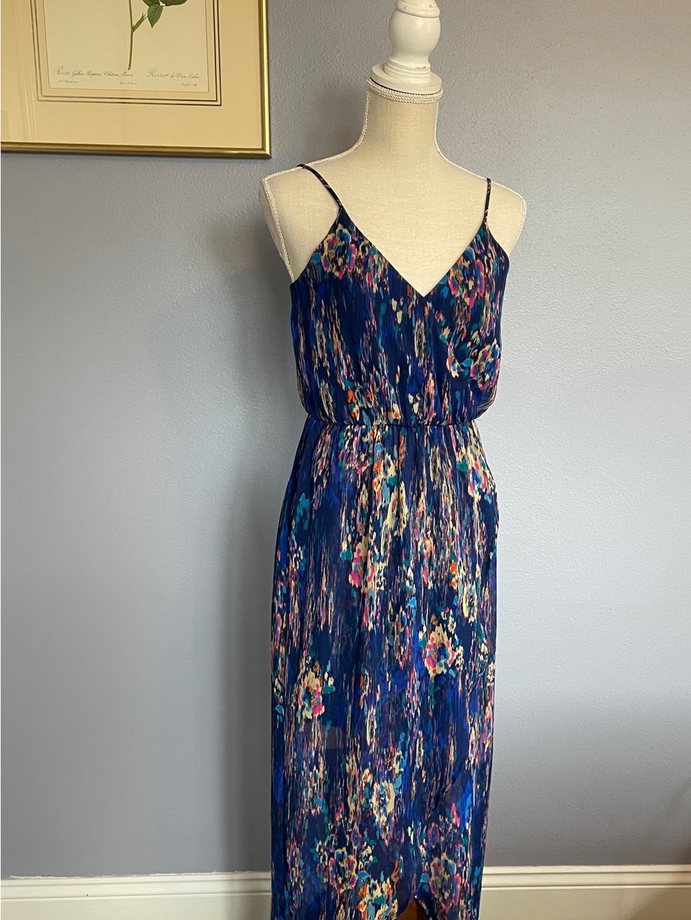 Lush Watercolor Floral Print Spaghetti Strap Hi Low Maxi Dress size S